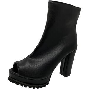 Chunky High Heel Booties Zipper Platform Open Toe Ankle Boots Black Size 6.5US